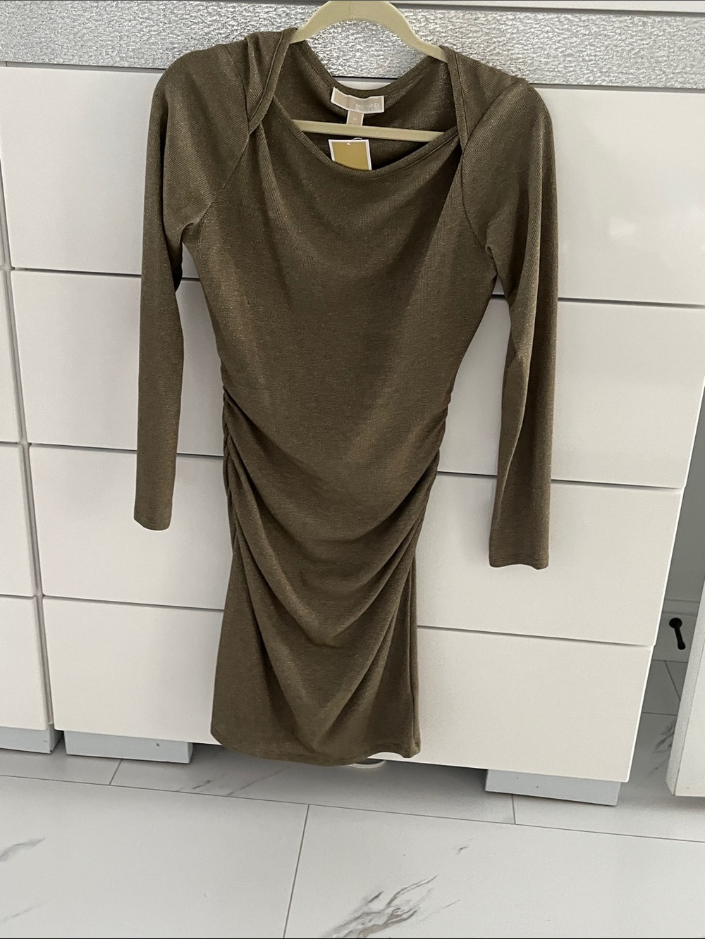 Michael Kors Olive Green Ruched Long-Sleeve Sheath Dress